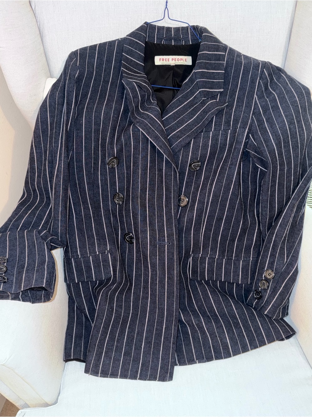 Free People Navy Blazer with White Pinstripes